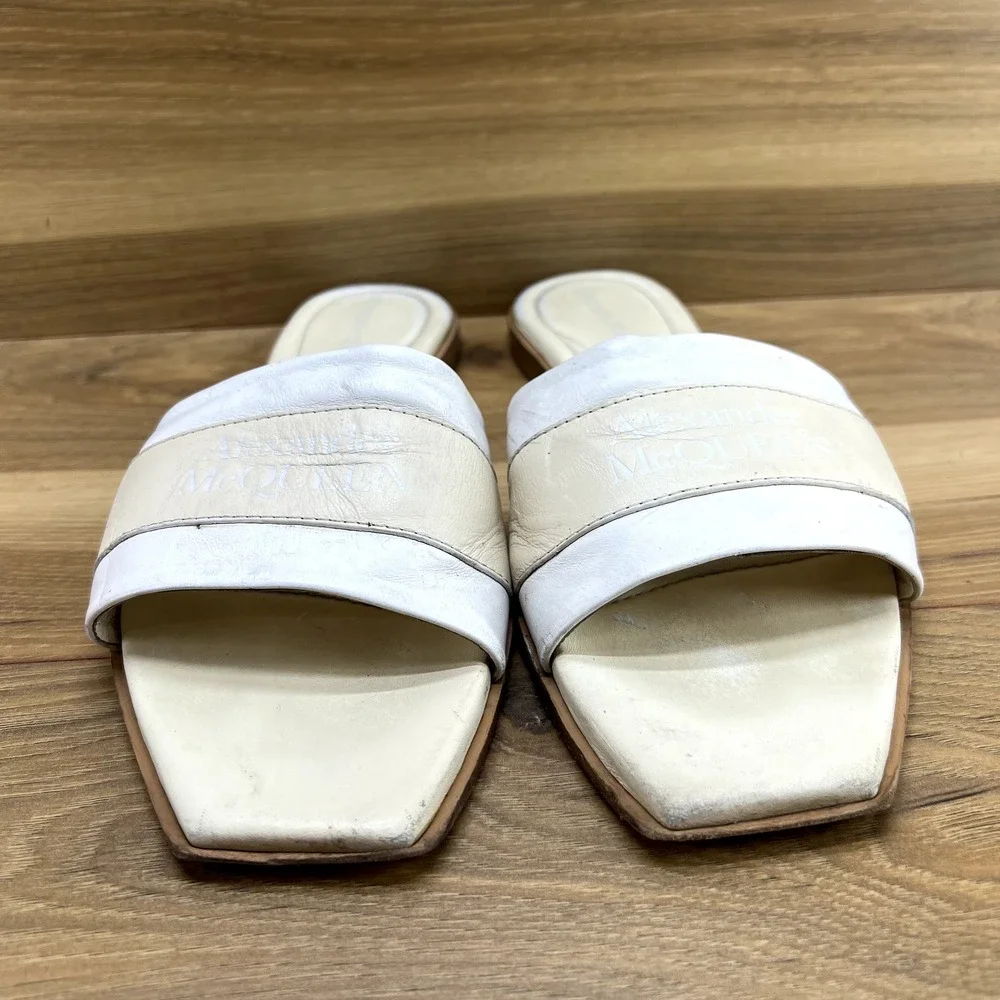 Alexander Mcqueen Slide Sandals 10 EU 40 White Beige Neutrals Leather Square Toe